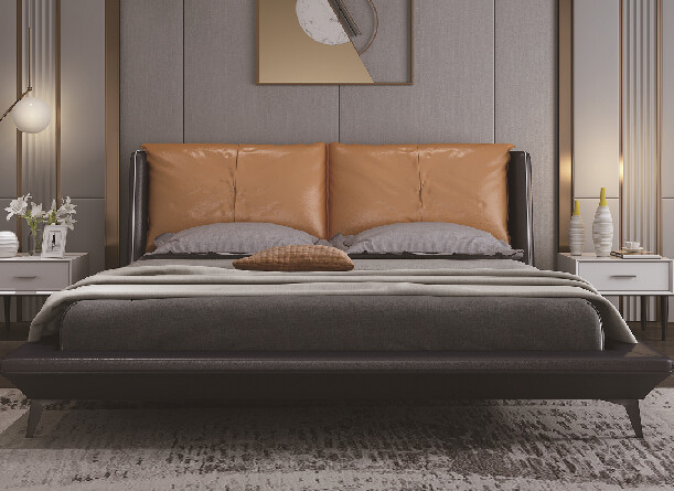 Modern Upholstered Double Bed with Tan Cushioned Headboard