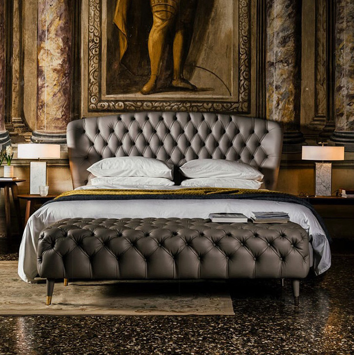 Grey Diamond-Tufted Upholstered Bed with Tall Wingback Headboard