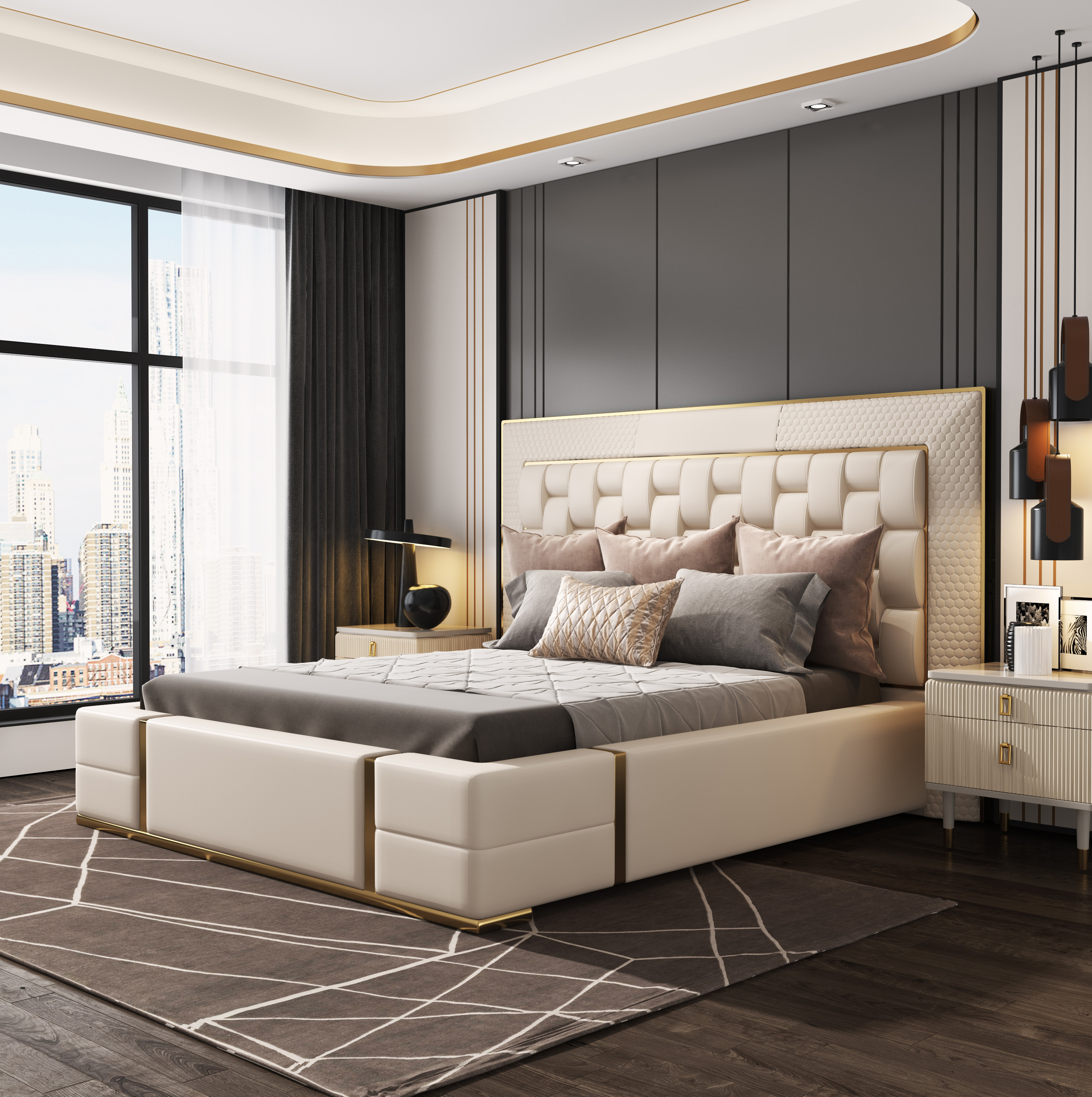 Luxury Upholstered King Bed with Tall Panelled Headboard