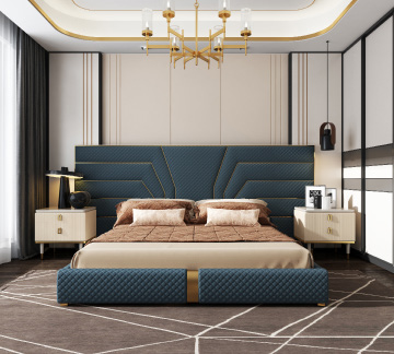 Modern Teal Upholstered Bed with Tall Channel Headboard