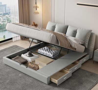 Modern Upholstered Hydraulic Storage Bed with Side Drawers