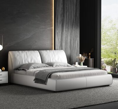 White Upholstered Platform Bed with Cushioned Split Headboard