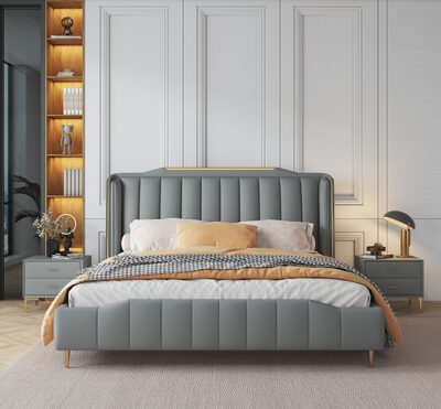 Grey Channel-Tufted Upholstered Bed