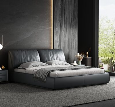 Charcoal Grey Upholstered Platform Bed with Cushioned Headboard