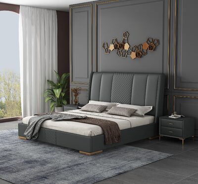 Grey Upholstered King Size Bed with Tall Channel Headboard
