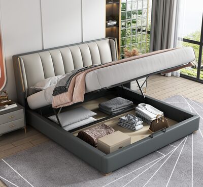 Upholstered Hydraulic Storage Bed with Channel-Tufted Headboard