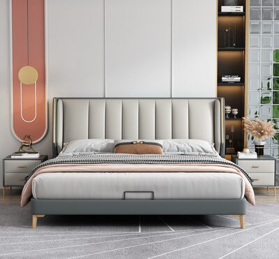 Modern Upholstered King Size Bed with Channel-Tufted Headboard