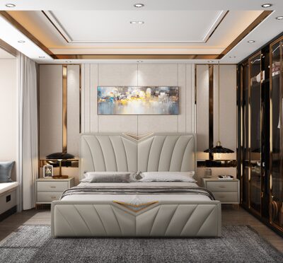 Glossy Dark Wardrobe with Gold-Tone Linear Accents
