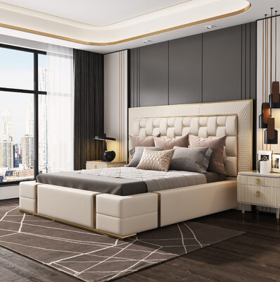Luxury Upholstered King Bed with Tall Panelled Headboard