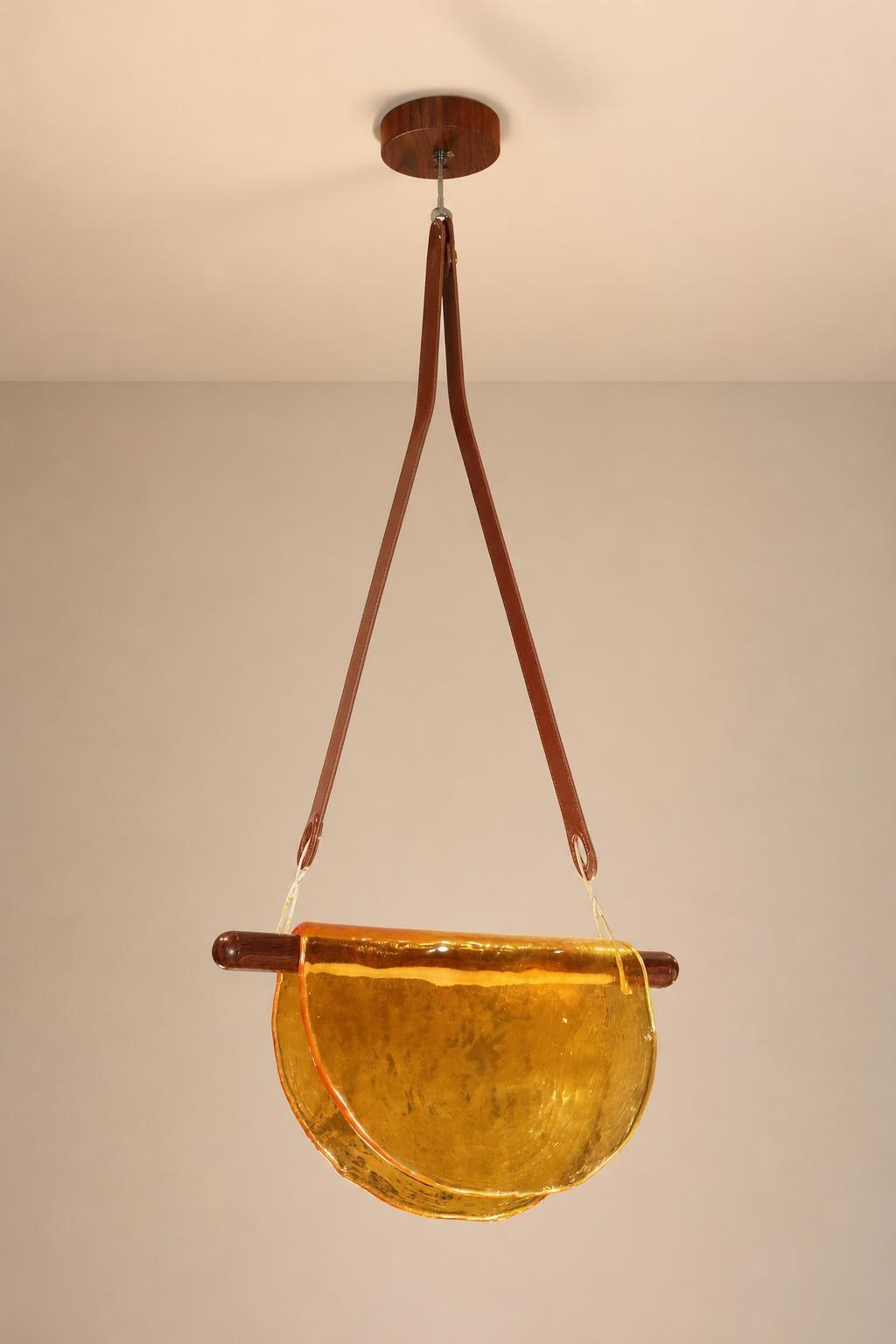 Amber Half-Moon Glass Pendant Light with Brown Strap Suspension