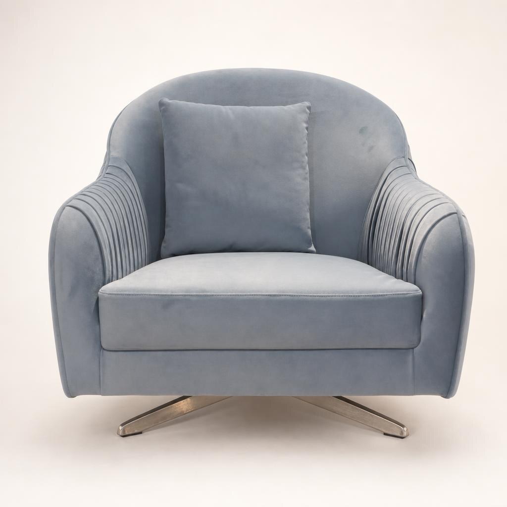 Blue-Grey Velvet-Feel Channel-Tufted Accent Chair with Cushion - Studio presentation