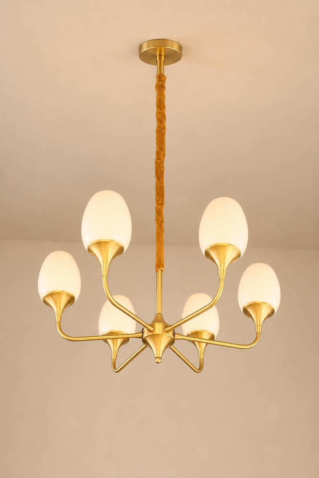 Modern 6-Light Brass-Finish Chandelier with White Oval Shades