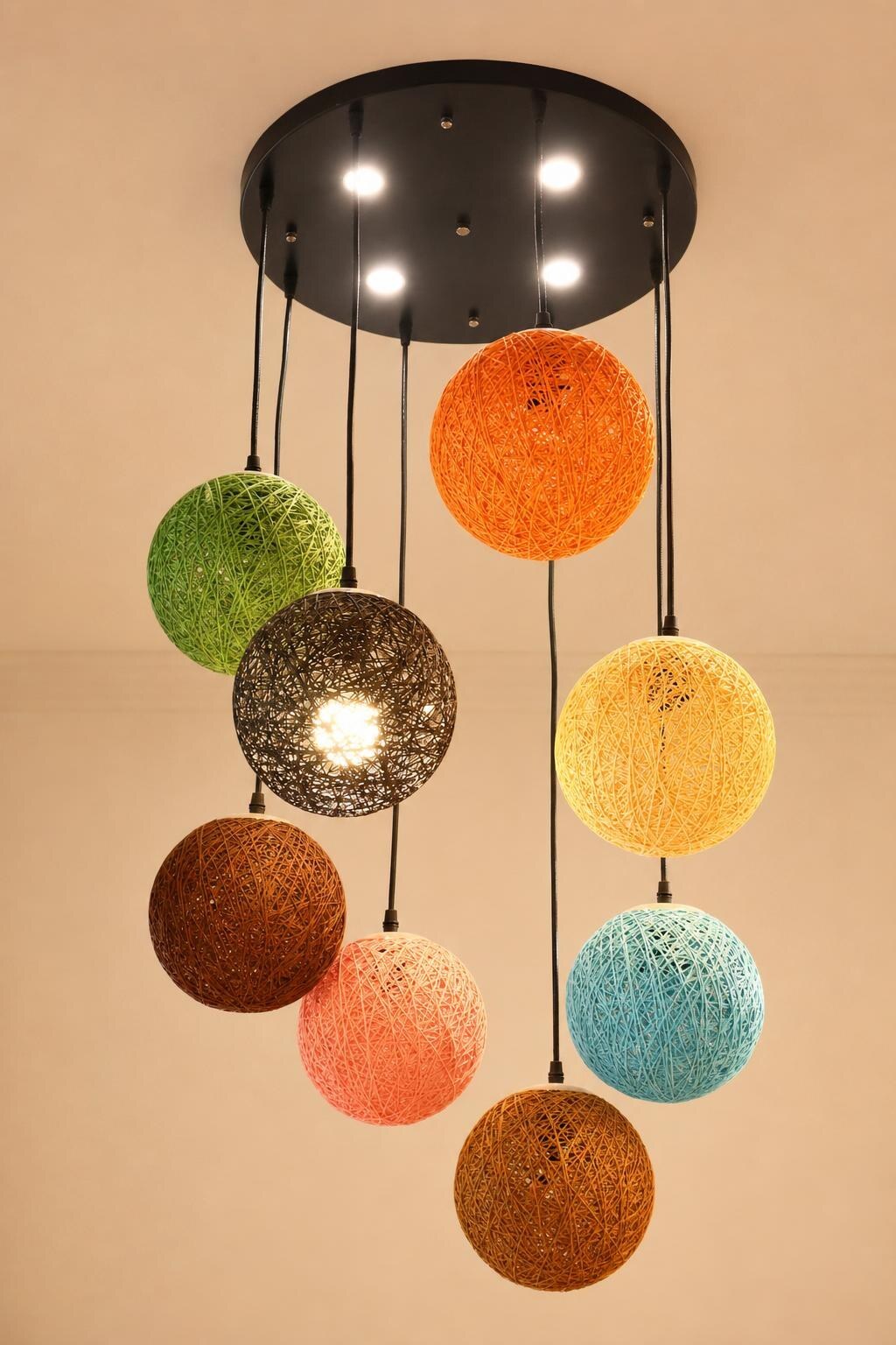 Multicolour Woven Ball Cluster Hanging Light with Black Round Ceiling Canopy - Studio presentation