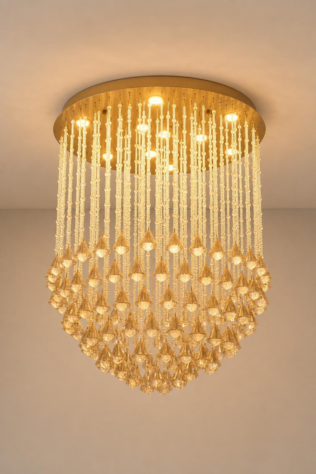 Round Gold Cascading Crystal Bead Chandelier with Faceted Drops