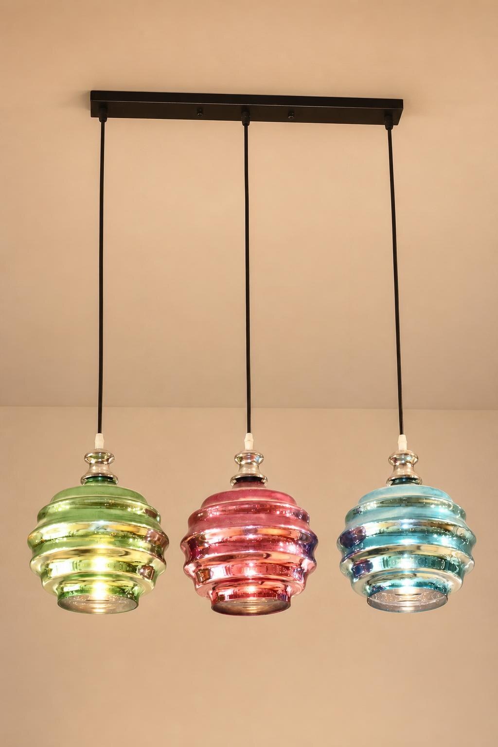 Three-Light Multicolour Ribbed Glass Linear Pendant Light