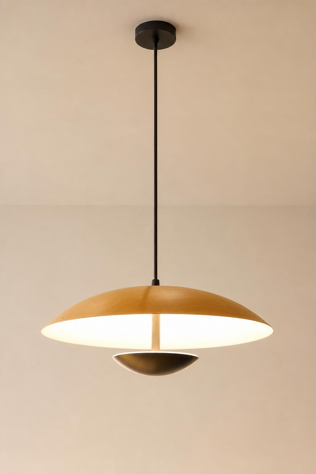 UFO Saucer Pendant Light with Wood-Finish Shade & Black Lower Reflector - Studio presentation